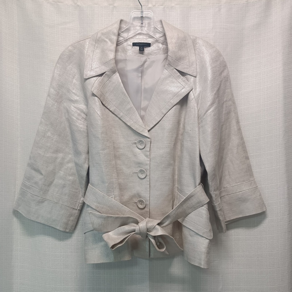 Semantiks 100% Linen Silver 3/4 Sleeve Women's M Petite Blazer Belted Glam